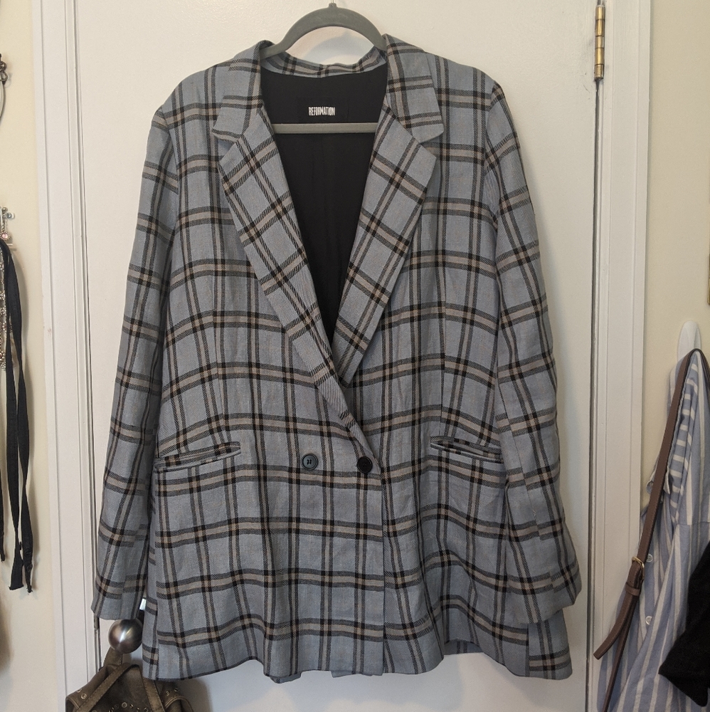 Reformation Valero Linen Plaid Oversized Blazer